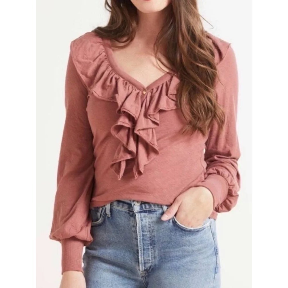 Nation LTD Lalita Ruffled Henley Top V-Neck Pima Cotton Dusty Rose Pink Mediun